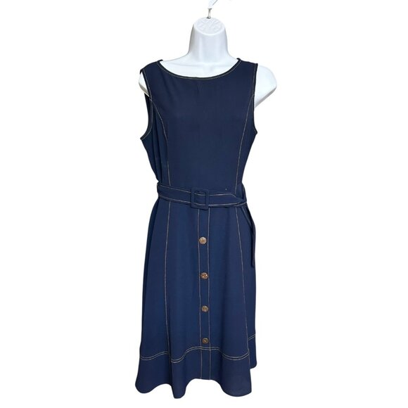 Monteau Blue Sleeveless Belted Fit & Flare Textured Easy to Wear Dress Size M - Picture 2 of 6